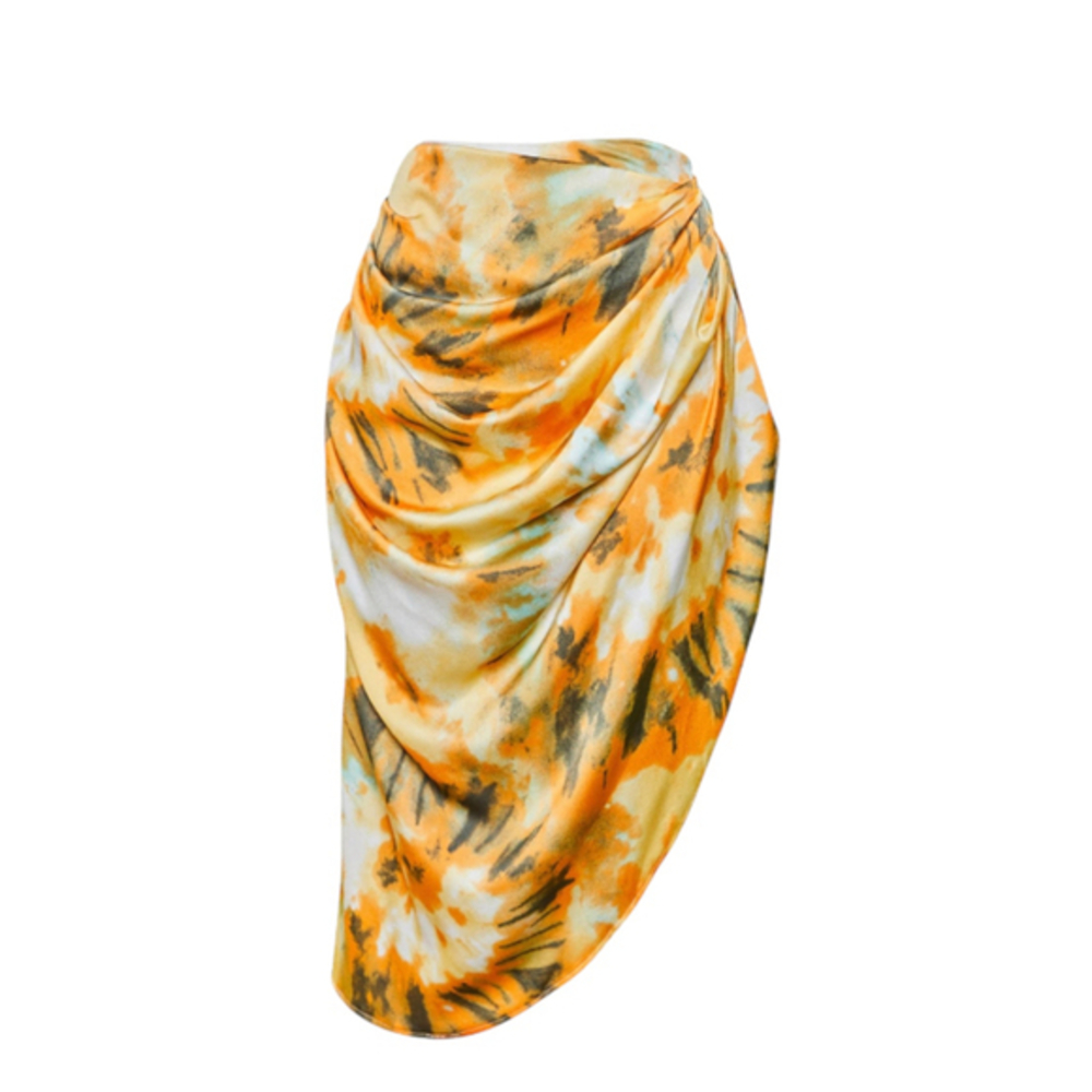PrettyLittleThing Tie Dye Ruched Midi Skirt Size 8 Orange Flowy Satiny